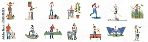 Diverse environmental activists protesting for climate change awareness, sustainability, and green energy through speeches, signs, and community action in a vector illustration set.