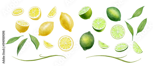 Canvas Print Watercolor lemon and lime fruit set, hand-painted fresh yellow and green citruse
