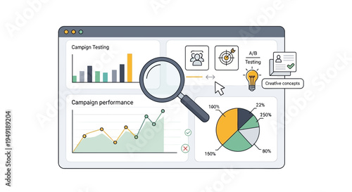 Digital Analytics Dashboard with Magnifying Glass and Charts.