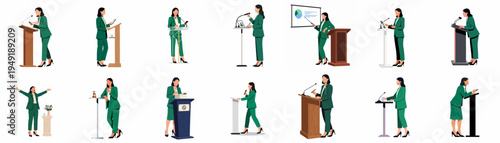 Set of vector illustrations featuring a professional businesswoman in a green suit giving presentations and speeches at various podiums and lecterns.