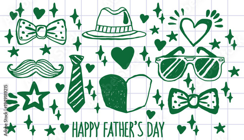 Father’s Day Hand‑Drawn Illustration with Hat, Tie, Mustache, and Festive Symbols.