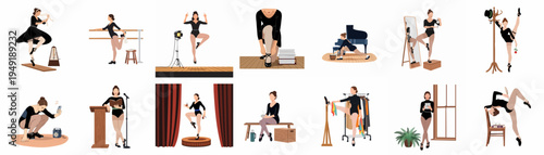 A collection of illustrations showing a professional ballerina's daily life, including rehearsals, performances, stretching, and quiet moments behind the scenes.