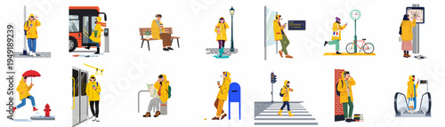 Set of flat vector illustrations featuring people in yellow raincoats navigating various urban and city environments in rainy or autumn weather.