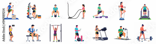 Flat Vector Illustration Set of Diverse People Performing Various Gym Exercises and Fitness Training Activities