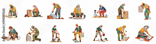 Collection of archeologists and researchers discovering, cleaning, and studying ancient artifacts and relics in a desert environment, flat vector illustration