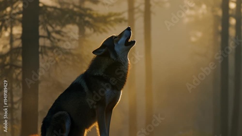 Wolf silhouette howling at sunrise in foggy forest cinematic atmospheric slow golden light misty wilderness