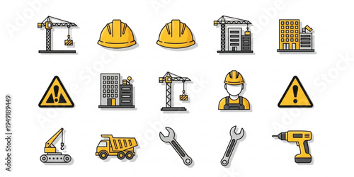 Large set of construction and industrial tools icons on a transparent background.