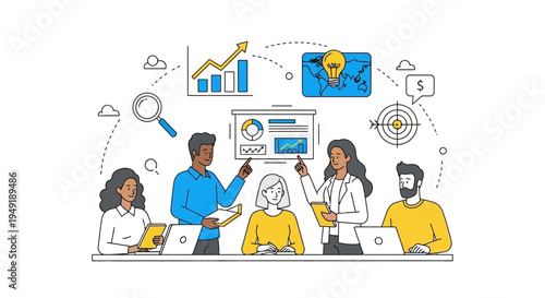 Diverse team collaborating on a business strategy presentation.