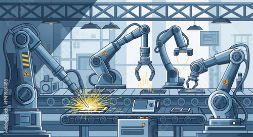 Automated Robotic Arms Working on a Factory Assembly Line.