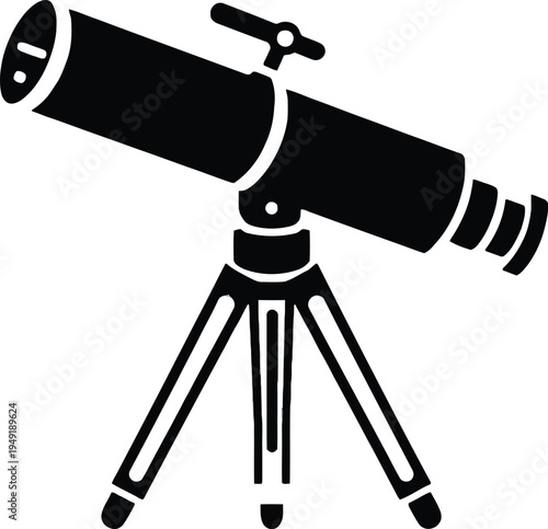 A small digital telescope with a black lens and silver metal tripod stands as a professional photography tool isolated on a white background for astronomy