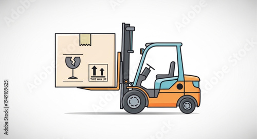 Forklift truck lifting a cardboard box with fragile warning symbols.