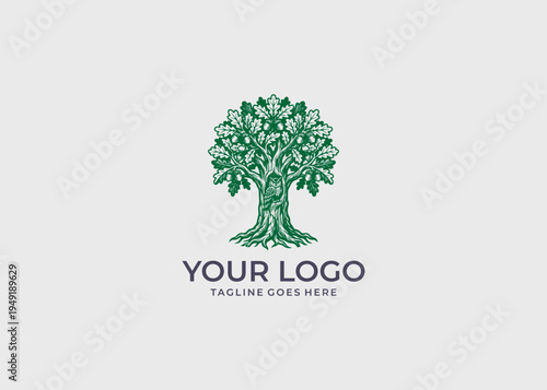 Vintage Woodcut Style Oak Tree Logo with Owl and Acorns Illustration
