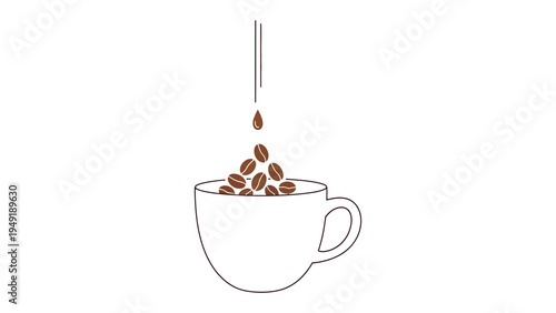 Coffee Bean Cascade: Artistic illustration capturing the essence of freshly brewed coffee, where the bean pour into the ceramic cup, embodying the simple pleasure of morning rituals.