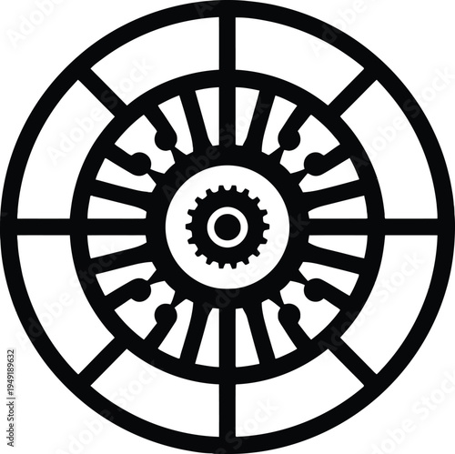 Vector illustration of an abstract black circle pattern featuring a vintage spiral design and antique clock wheel symbol for a business vault or astrology zodiac concept