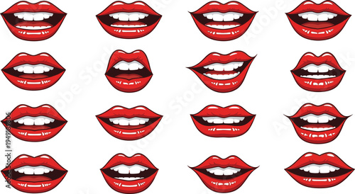 Cartoon red lips vector illustration showing twenty glossy mouth expressions with lipstick, teeth, emotions, speaking, smiling, and character design concept artwork