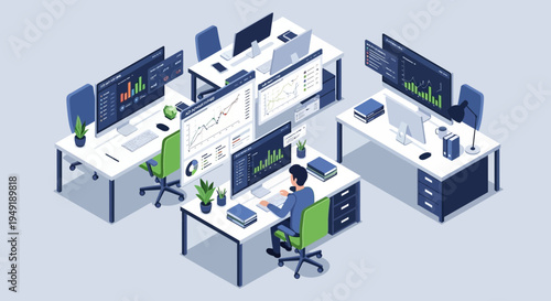 Modern Office Environment with Traders Analyzing Financial Data.