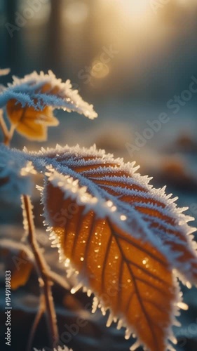 Frost leaf macro sunrise ice crystal orange morning glowing delicate backlight serene winter mood with frost covered leaves and ice crystals