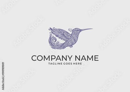 Ornate Hummingbird Logo Template with Intricate Filigree and Swirl Details