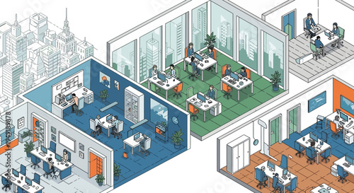 Modern Office Spaces with People Working and Collaborating.
