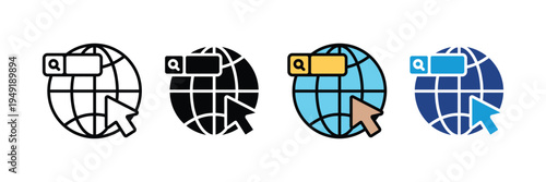 Search globe icons with cursor on white background. Web search concept symbol. Vector Illustration