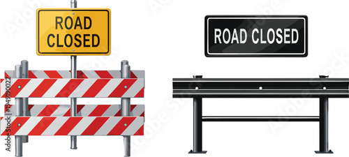 Cartoon road closed signs vector illustration showing barricade with striped panels and guardrail barrier design for traffic safety and restriction concept artwork