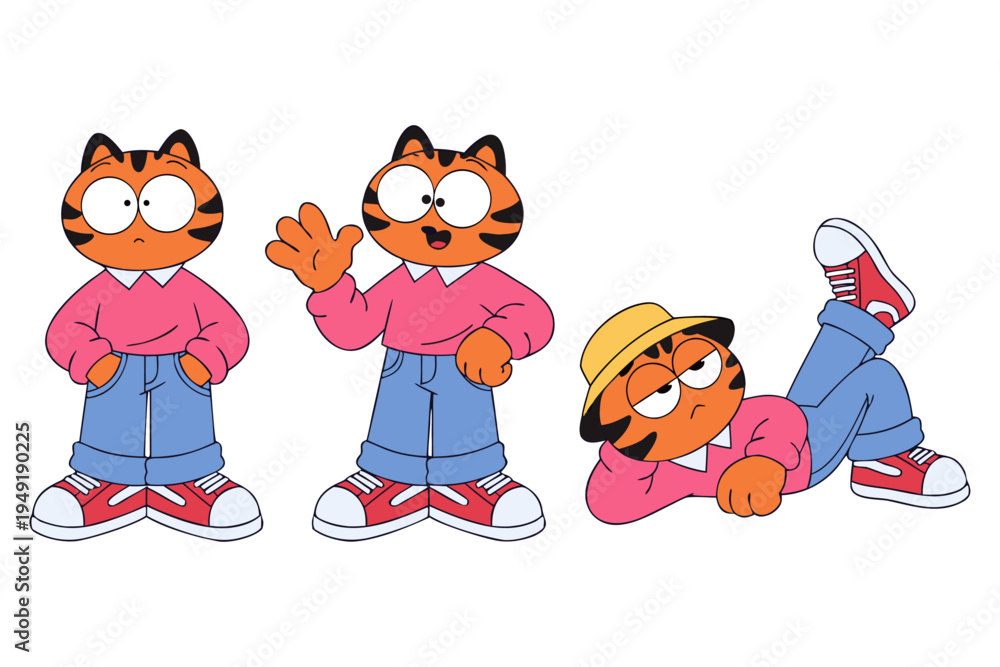 Fototapeta premium A fun and expressive cartoon cat character shown in multiple poses, wearing casual clothes with a playful and youthful vibe in a clean vector style.