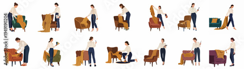 Set of flat illustrations of a professional female interior designer styling various armchairs with blankets, color swatches, and measuring tools.