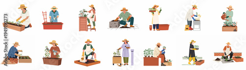 Flat vector collection of diverse people gardening, planting seeds, watering plants, and harvesting vegetables in raised beds and pots for urban farming.