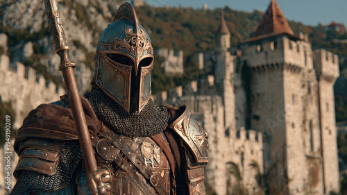 Wallpaper Mural Medieval Knight Bronze Armor Corinthian Helmet Spear Gothic Castle Blue Sky Cinematic Fantasy Torontodigital.ca