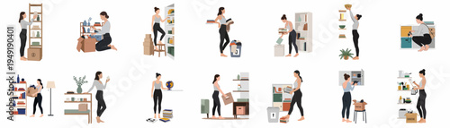 Flat vector illustration set of a woman decluttering and organizing various rooms in her home, from the kitchen pantry to the living area storage.