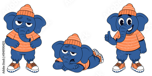 A fun set of blue elephant characters wearing matching orange beanies and striped sweaters. The collection features the elephant in a variety of expressive moods, including a skeptical look, a relaxed