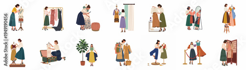 Set of flat illustrations of women engaged in various fashion activities like shopping, tailoring, designing, and organizing clothes in a boutique setting.