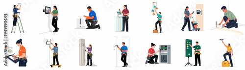 Professional smart home installation and maintenance services featuring a diverse team of technicians working on various electronic and electrical devices.