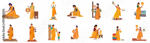 Collection of flat vector illustrations of Indian women in traditional sarees celebrating Diwali with lamps, lanterns, and rangoli.