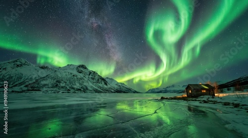 Majestic Northern Lights Dancing Over Frozen Landscape With Cabin Under Starry Sky and Reflection on Ice