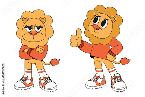 A stylish pair of lion characters featuring one with a confident, grumpy expression and the other giving an optimistic thumbs-up.