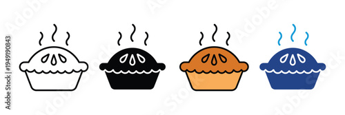Hot fruit pie or sweet crumble in bowl icon set. Freshly baked pastry, warm dessert, and bakery treats symbols. Vector Illustration.