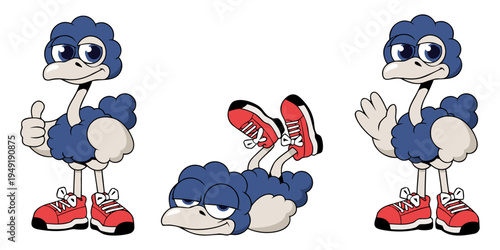A collection of three charismatic ostrich characters featuring a cool blue plumage and vibrant red sneakers. These expressive illustrations include a thumbs-up pose, a relaxed lounging state, and wave