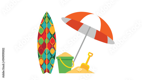 Summer beach vacation set with colorful surfboard striped umbrella sand bucket and shovel isolated on white background.