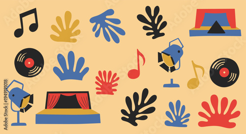 Abstract musical performance elements with stage and vinyl record icons