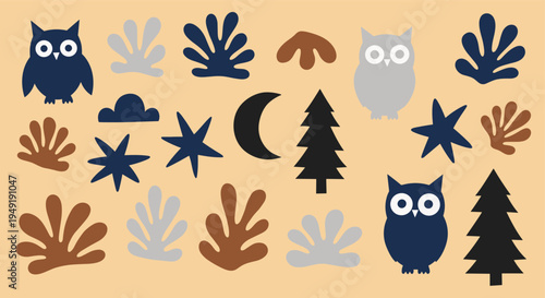 Cute owl and forest elements set for nursery decor