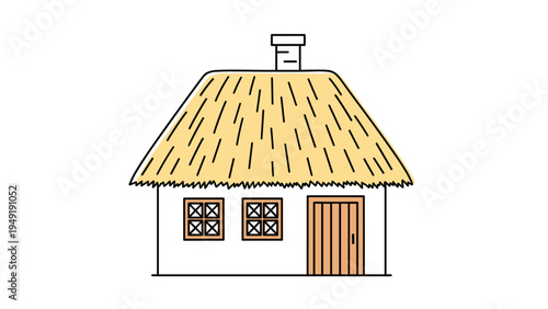 Simple line art illustration of a traditional rural cottage with a thatched roof chimney and wooden door vector.