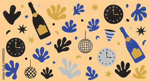 New Year celebration pattern with champagne bottles and disco balls