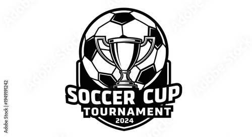 Soccer Cup Tournament emblem with a ball and trophy, sport competition symbol on an isolated white background.