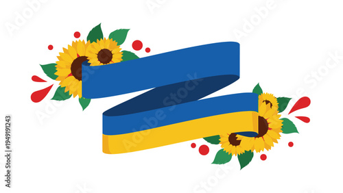 Blue and yellow Ukrainian flag ribbon banner adorned with sunflowers and green leaves on a white background vector.