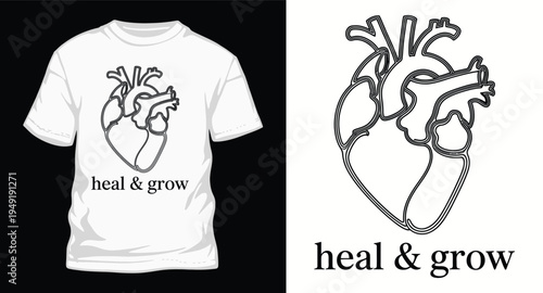 Minimalist outline drawing of human heart with text heal and grow on white background for apparel