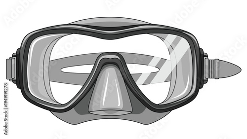 Black and grey scuba diving or snorkeling mask with clear glass lens isolated on white background vector illustration.