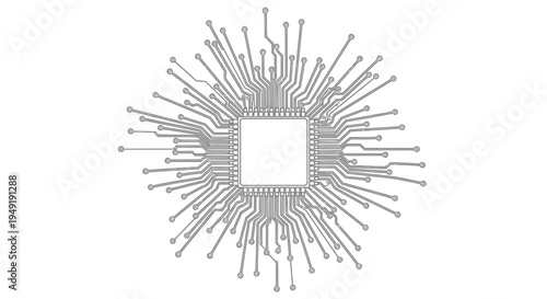 Abstract microchip CPU with radiating circuit lines, complex digital technology on an isolated white background.