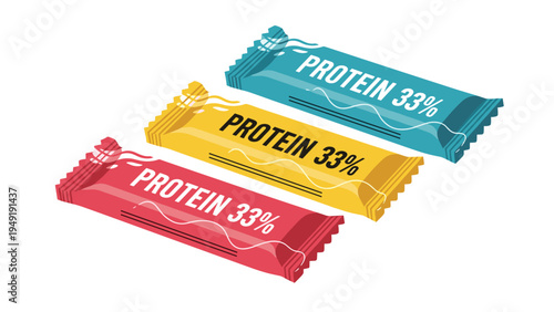 Set of three protein energy bars in colorful wrappers for sports nutrition and healthy snacking on white background.