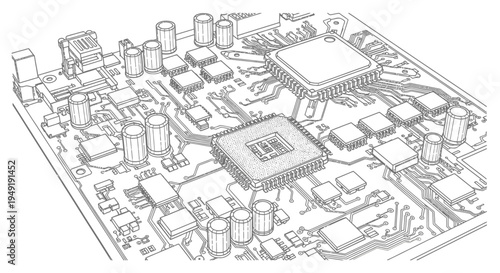 Complex Isometric Outline Drawing of an Electronic Circuit Board with Multiple Components, Isolated White Background.